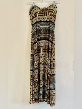 Strapless Geometric Print Maxi Dress - Black & Tan